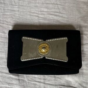 Vintage John Hort Velvet Black Clutch with Silver and Gold Bow Accent